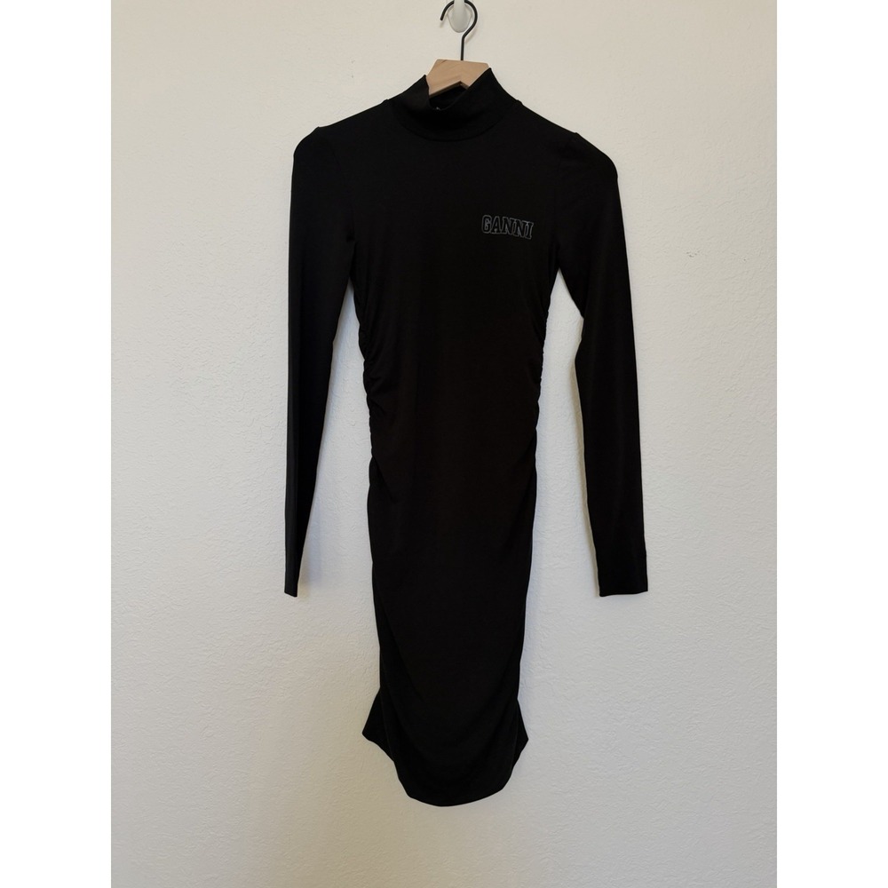 GANNI Black Ruched‎ Midi Dress XXS Quiet Luxury Designer Mock Neck Minimalist